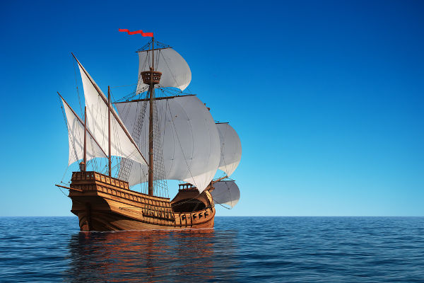 Ilustração de uma caravela no mar em alusão às grandes navegações. Ilustração de uma caravela no mar em alusão às grandes navegações.