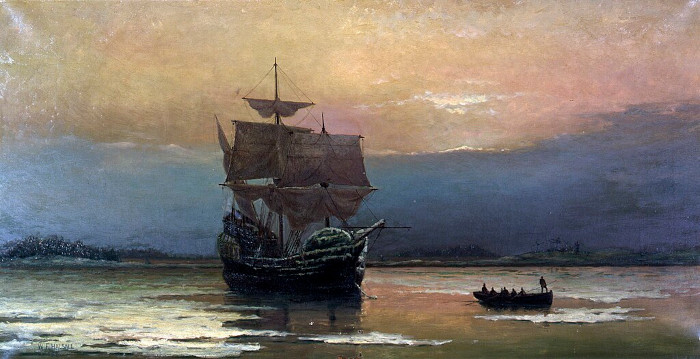 Quadro retratando a chegada dos primeiros habitantes nos territórios da colonização inglesa na América do Norte.