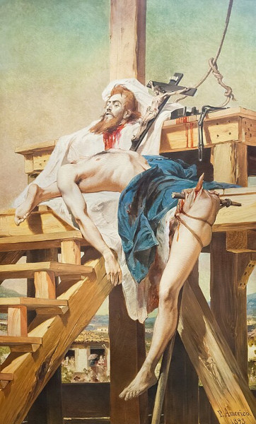 Pintura mostrando a execução de Tiradentes, o líder de uma das principais revoltas coloniais do Brasil.