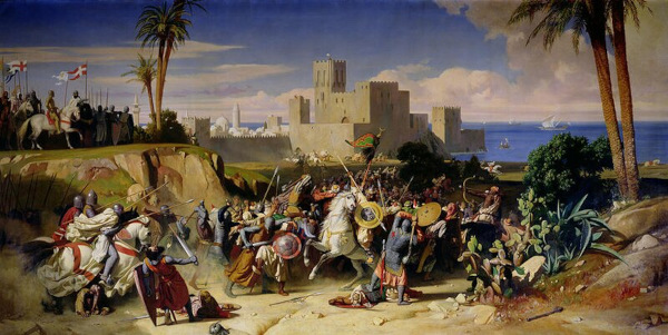 Pintura representando a tomada de Jerusalém nas Cruzadas, um tema de História Geral.