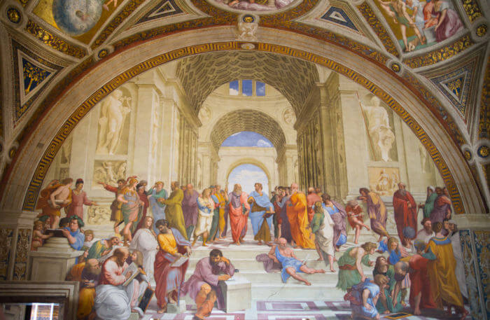 Escola de Atenas, de Rafael Sanzio O afresco Escola de Atenas, do pintor renascentista Rafael Sanzio, retrata os principais filósofos da Grécia Antiga.